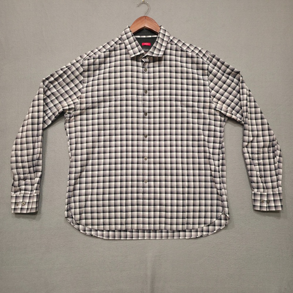 Awearness Kenneth Cole Awear-Tech Men Stretch Gray Plaid Long Sleeve Shirt Sz XL